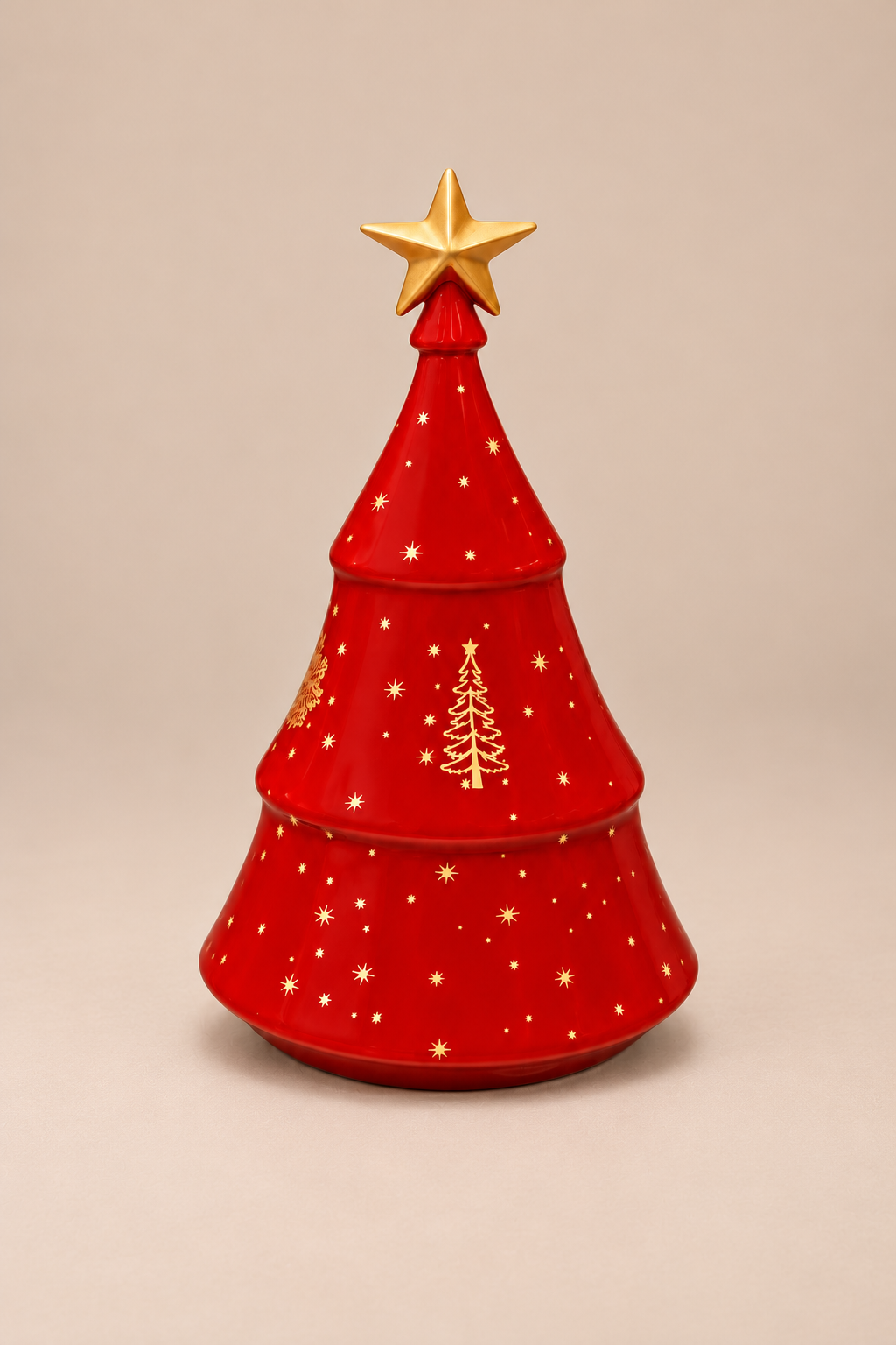 Árvore de Natal vermelha em porcelana com detalhes dourados